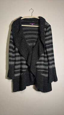 Beverly Drive Metallic Stripe Ruffle Front Cardigan Sweater - Plus Size 1X